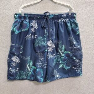 Croft & Barrow Men Swimwear 2XL Blue Floral Trunks Hawaiian Palm Tree Leaf Print